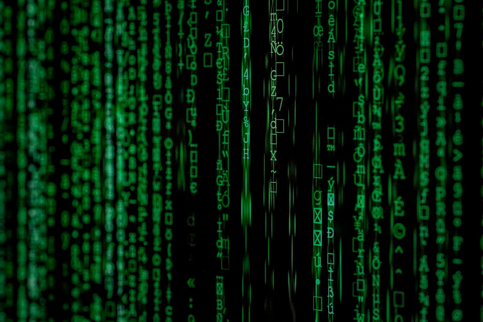 Matrix-style digital code on a dark display